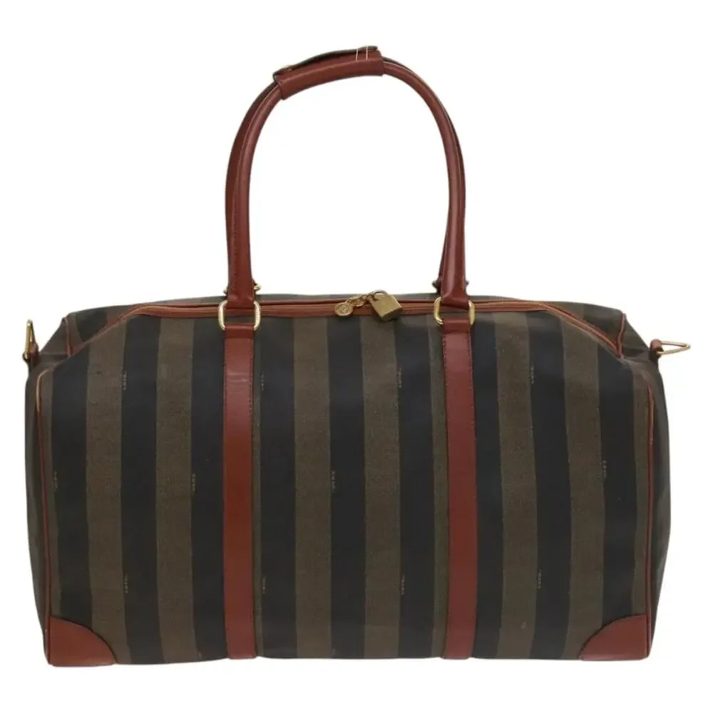 FENDI Pecan Canvas Boston Bag Black Brown Gold